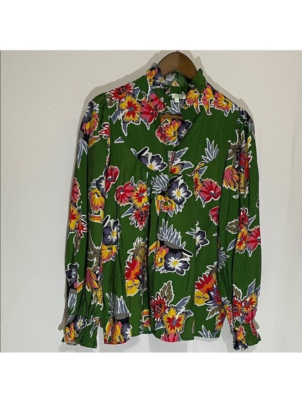 Jade Green Floral Mock Neck Long Sleeve Blouse Large